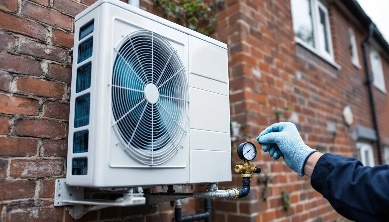Engineer in blue gloves checking the pressure gauge on a white air source heat pump mounted on the brick wall of a UK house