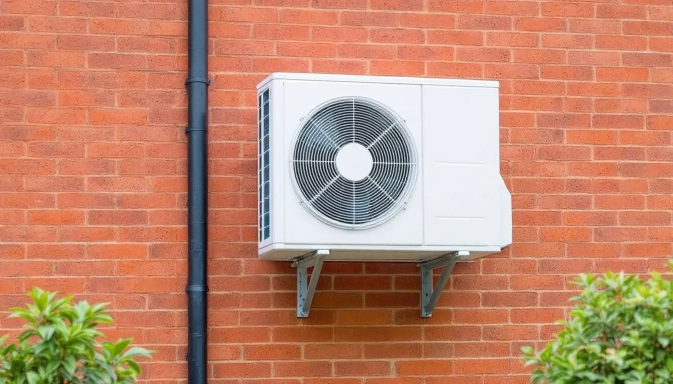 White air source heat pump condenser unit with a circular fan grille, mounted on steel brackets against a red brick UK house wall